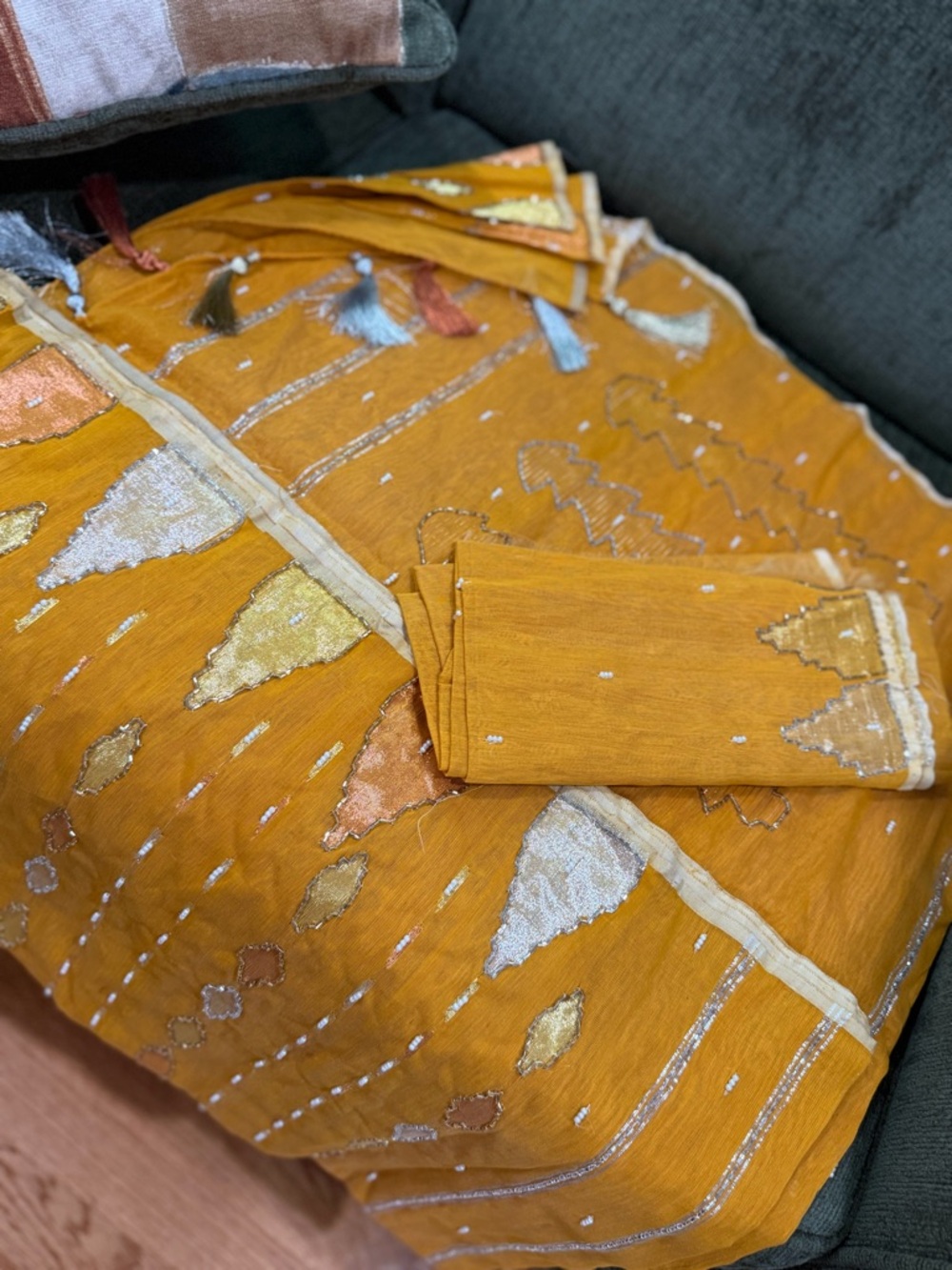 Original Dhaka Zamdani Saree with hand Karchupi work bright yellow